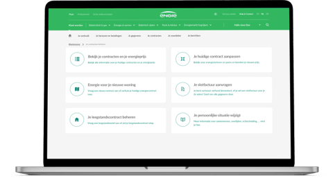 Afbeelding van de startpagina van de ENGIE Klantenzone, met de diensten en tools om uw energieverbruik te beheren.