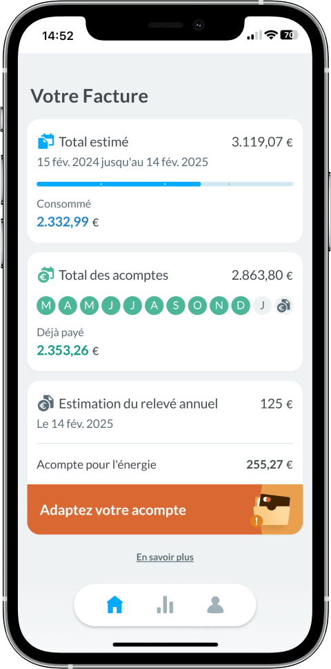 Image de l'écran 'Votre facture' dans l'application Smart.