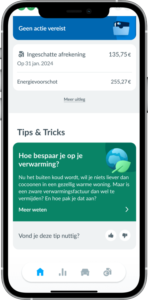 Scherm van de Smart App met energiebesparingstips, gepersonaliseerd op basis van verbruik om gebruikers te helpen hun energieverbruik te optimaliseren.