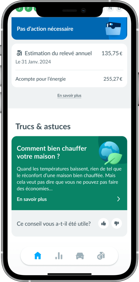 Écran de la Smart app proposant des conseils d&#039;économie d&#039;énergie, personnalisés en fonction de la consommation pour aider les utilisateurs à réduire leur consommation et leur dépense énergétique. 