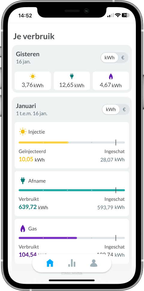 Verbruiksoverzichtsscherm van de ENGIE Smart app.