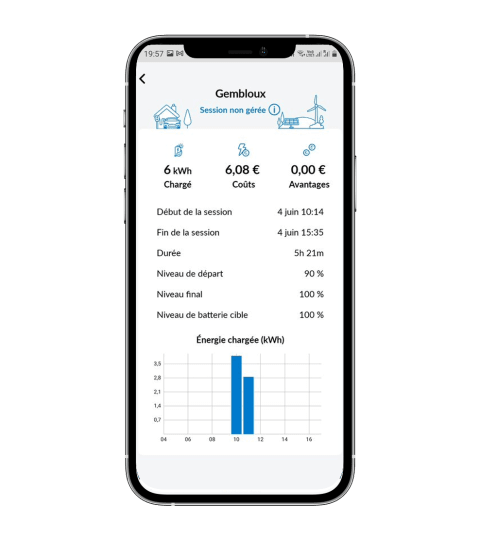 Un téléphone avec un écran indiquant le coût de sa consommation, de sa charge et de son utilisation