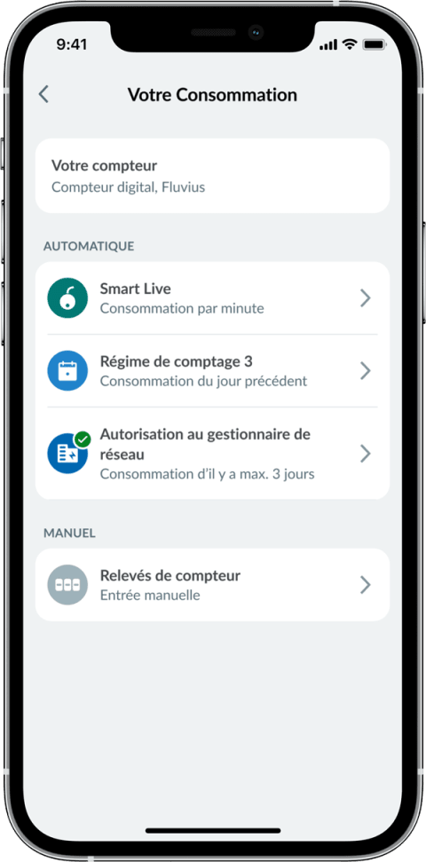 Ecran de la Smart App ENGIE présentant les options permettant de suivre sa consommation d&#039;énergie.