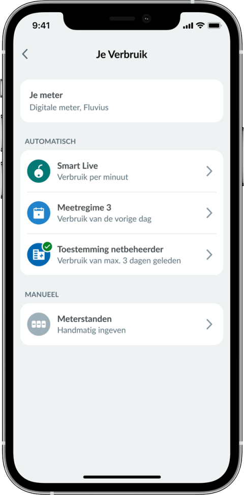 Scherm van de ENGIE Smart app met de opties om je energieverbruik te volgen.