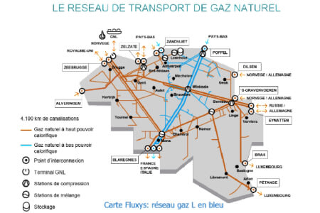 Carte du réseau de transport de gaz naturel en Belgique