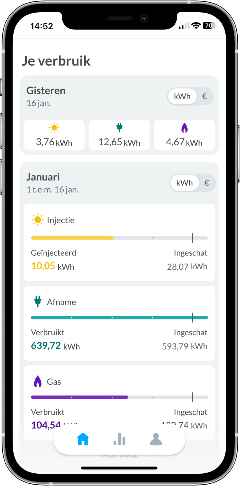 Verbruiksoverzichtsscherm van de ENGIE Smart app.