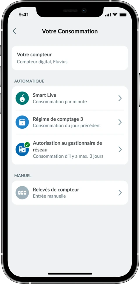 Ecran de la Smart App ENGIE présentant les options permettant de suivre sa consommation d&#039;énergie.