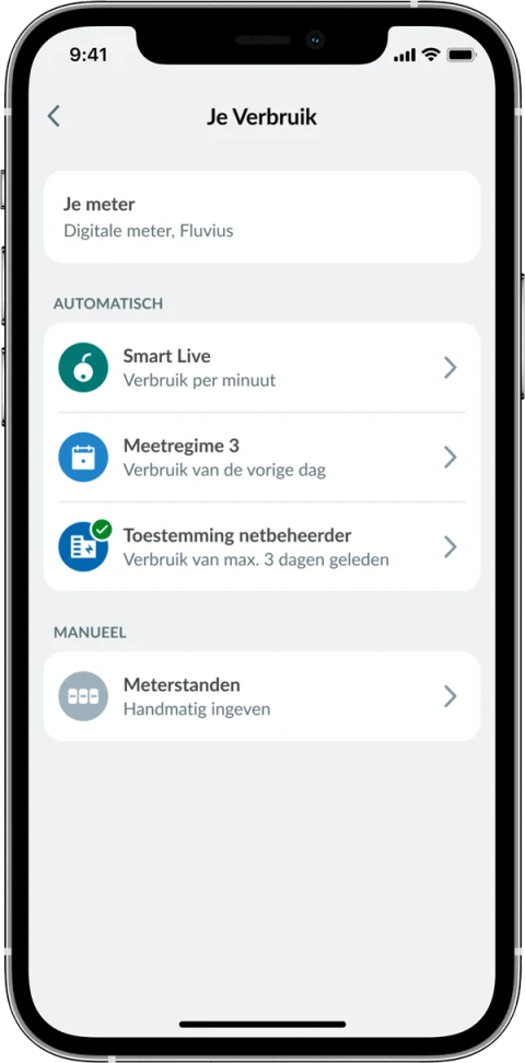 Scherm van de ENGIE Smart app met de opties om je energieverbruik te volgen.